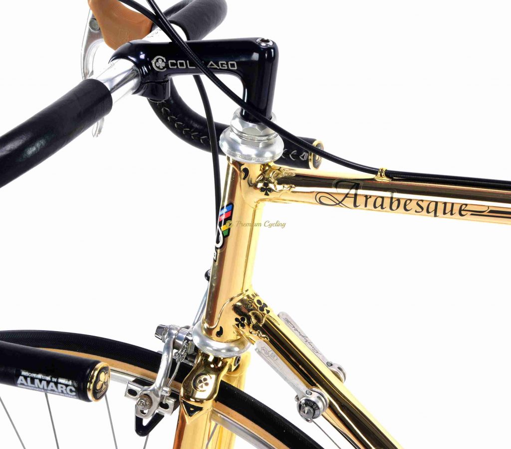 COLNAGO Arabesque Oro 24k gold plated, Campagnolo 50th Anniversay groupset 1985, luxury vintage steel collectible bike by Premium Cycling