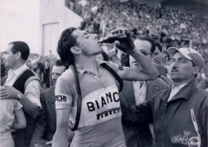 Fausto Coppi after winning the stage at the Giro d'Italia